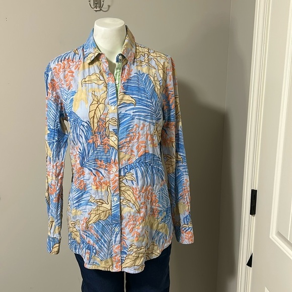 J McLaughlin Lois Shirt Blue Tropical Palm Print Long Sleeve Button Front Sz S - Picture 3 of 16